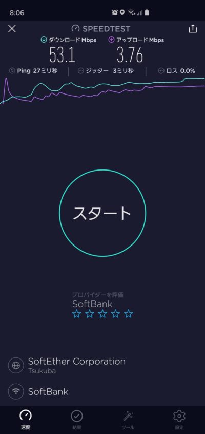 SoftBankAirを隣の部屋に設置した時の通信速度（朝）