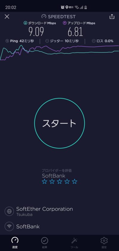 SoftBankAirを1階に設置した時の2階の速度（夜）